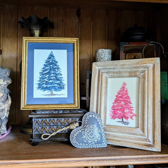 Blue  Original Watercolor Christmas Tree in Wooden Frame - Picture 7 of 7